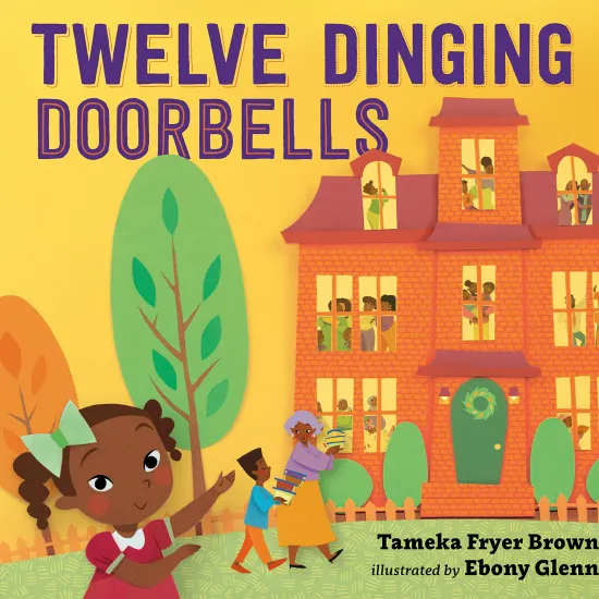 Cover of Twelve Dinging Doorbells | A two-story orange house with family members inside the home and family members approaching the home.  A young black girl with a green bow and green dress is closest to the viewer and gestures towards the house.  