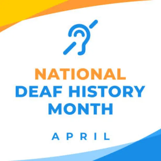 Blue ear struck though with National Deaf History Month written out