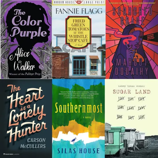 Six book covers: The Color Purple, Fried Tomatoes at the Whistle Stop Cafe, Scorched Grace, The Heart is a Lonely Hunter, Southernmost, Sugar Land