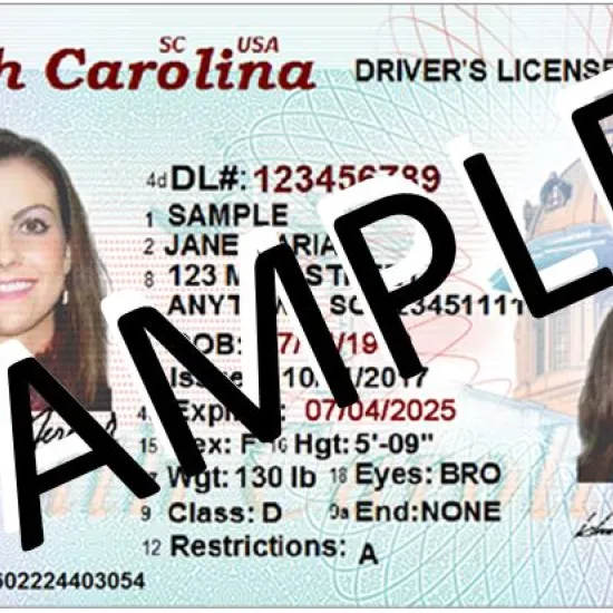Image of a sample South Carolina REAL ID wit the gold star