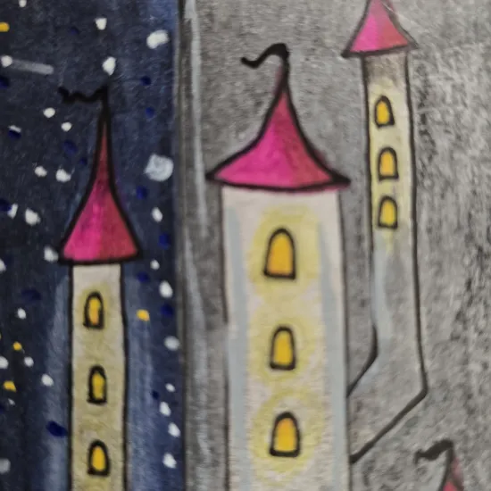 Image of a  castle with a night sky.  The top of the turrets are red with flags waving and there is a golden glow of light in each of the windows.