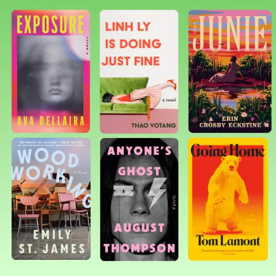 Book collage. Titles included: Exposure by Ava Dellaira, Linh Ly is Doing Just Fine by Thao Votang, Junie by Erin Crosby Echstine, Wood Working by Emily St. James, Anyone's Ghost by August Thompson, Going Home by Tom Lamont