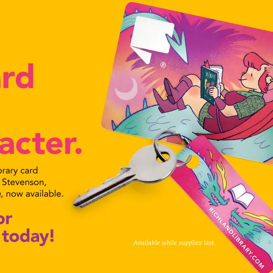 Library card and keychain card depicting Nimona, a character designed by ND Stevenson with the text "A Card with Character"