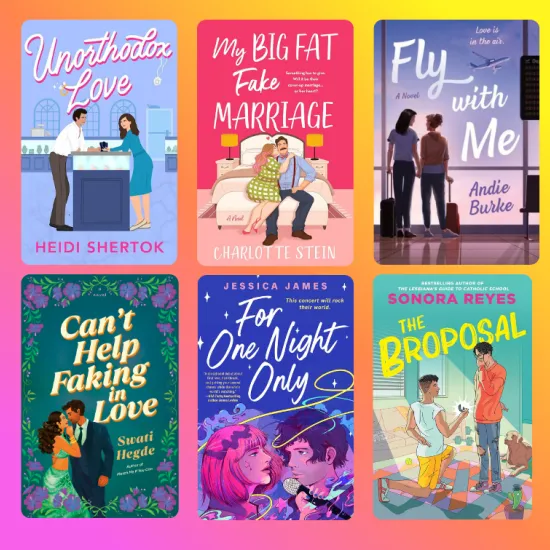 Book collage. Titles included: Unorthodox Love by Heidi Shertok, My Big Fat Fake Marriage by Charlotte Stein, Fly With Me by Andie Burke, Can't Help Faking in Love by Swati Hegde, For One Night Only by Jessica James, and The Broposal by Sonora Reyes