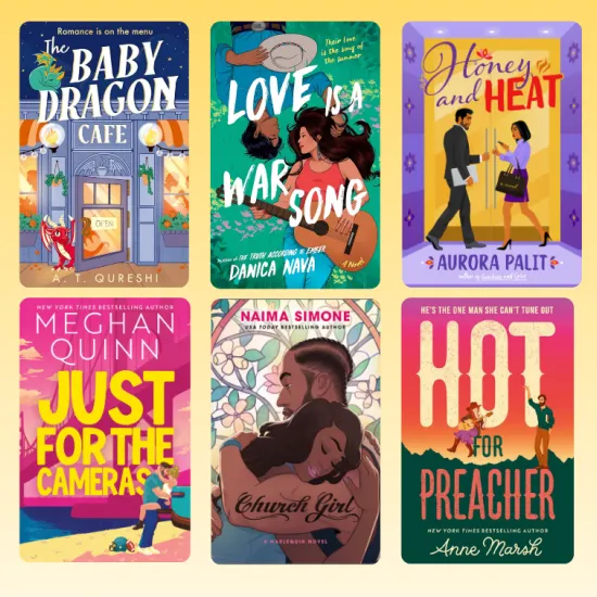 Book collage. Titles included: The Baby Dragon Cafe by A.T. Qureshi, Love is a War Song by Danica Nava, Honey and Heat by Aurora Palit, Just for the Cameras by Meghan Quinn, Church Girl by Naima Simone, and Hot for Preacher by Anne Marsh
