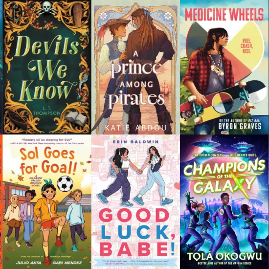 A graphic with 12 books that are diverse youth collection releases. The titles include Kingdom of Waves, Devils We Know, A Prince Among Pirates, Medicine Wheels, The Game of Oaths, Firesnake, Sol Goes for Goal, Good Luck Babe, Champions of the Galaxy, and The Cate Prophecies: Claw Quest 